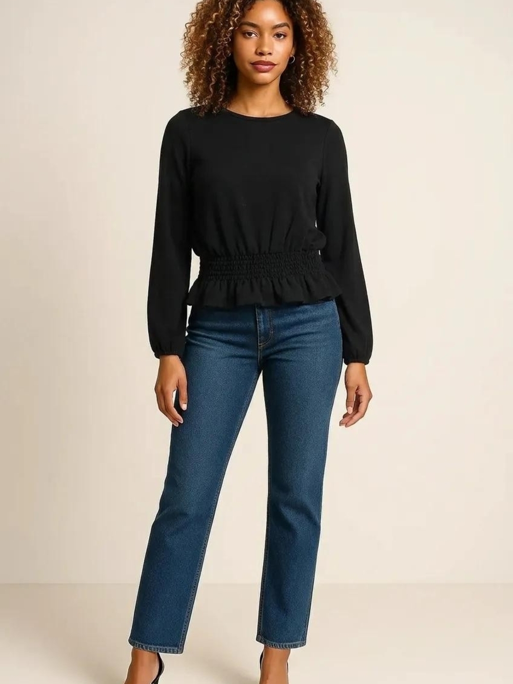 Who What Wear Black Long Sleeve Peplum Top Smocked Waist